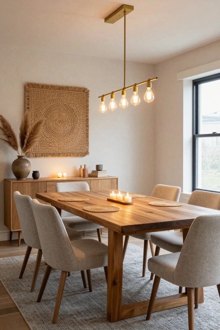 Dining room featuring a rectangular wooden table with woven placemats and candles, surrounded by beige upholstered chairs, a gold linear pendant light with exposed bulbs overhead, a wooden sideboard, woven wall hanging, potted plants, and a window.