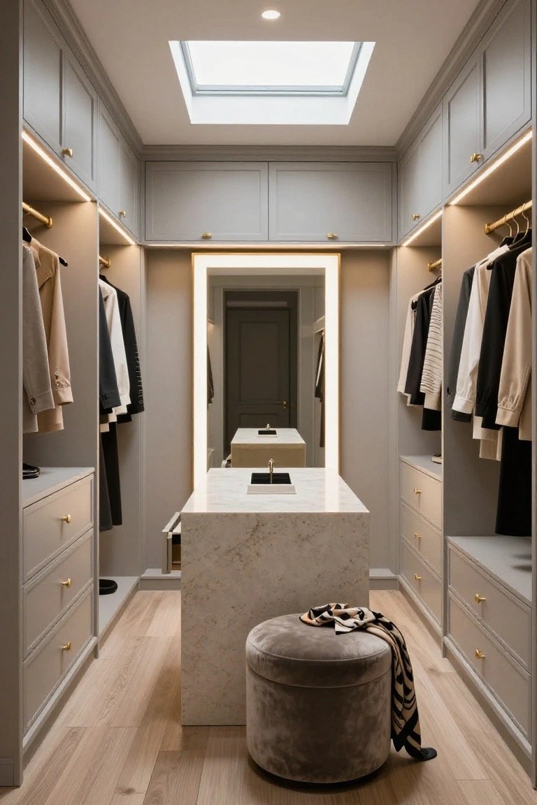 Modern walk-in closet with gray cabinetry featuring integrated LED strip lighting along edges, central white marble island with sink, large backlit mirror, hanging clothes on both sides, velvet stool, and light wood flooring under a skylight.