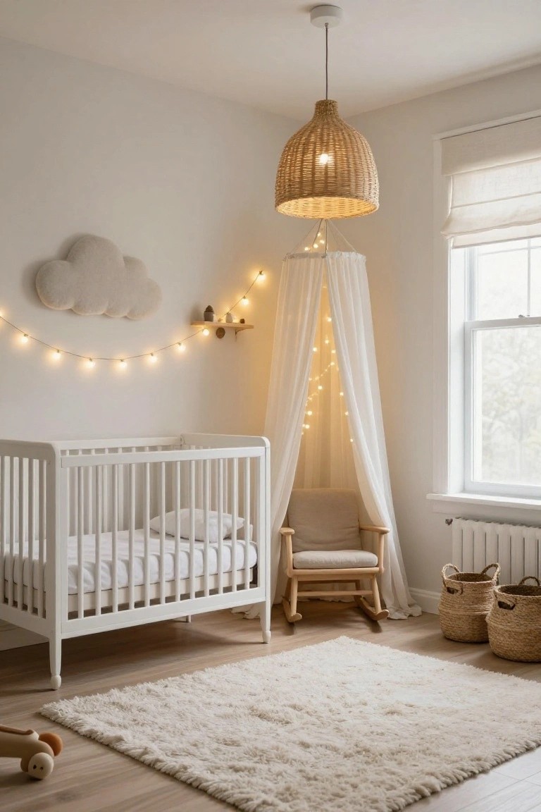 A nursery interior with a white crib under a sheer white canopy strung with fairy lights connected to a cloud-shaped wall decal with more string lights, rattan pendant lamp overhead, beige rocking chair, wicker baskets, and white shag rug on light wood floors.