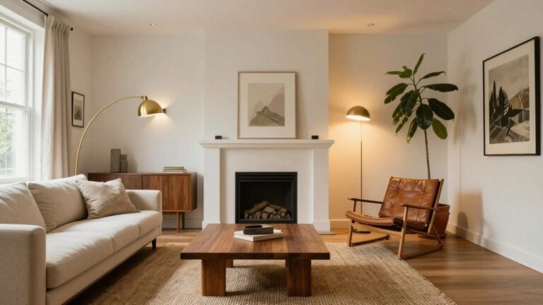 Modern living room with cream sofa, tan leather armchair, low wooden coffee table, potted palm plant, framed black and white artwork on walls, gold-shaded arched floor lamp, and large window with sheer curtains.