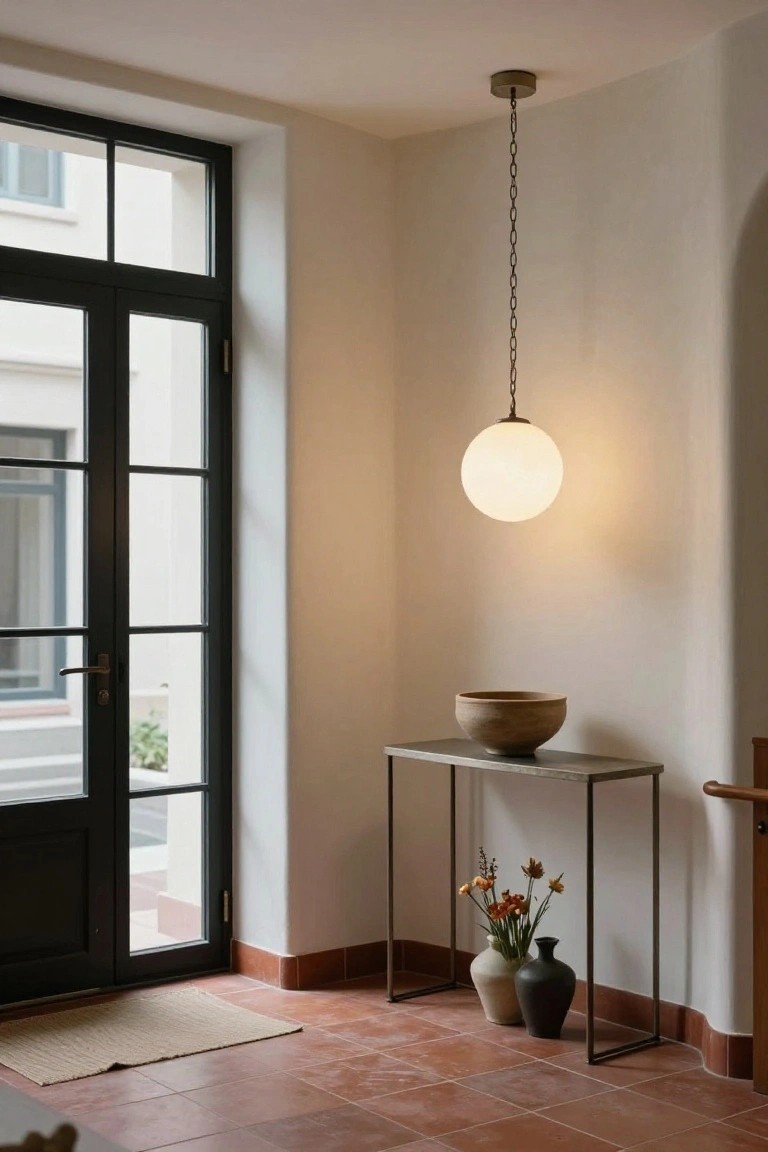 Corner of an entry space with white walls, terracotta tile floor, black-framed French doors, metal console table with terracotta bowl and two vases of flowers, and white globe pendant light hanging from chain.