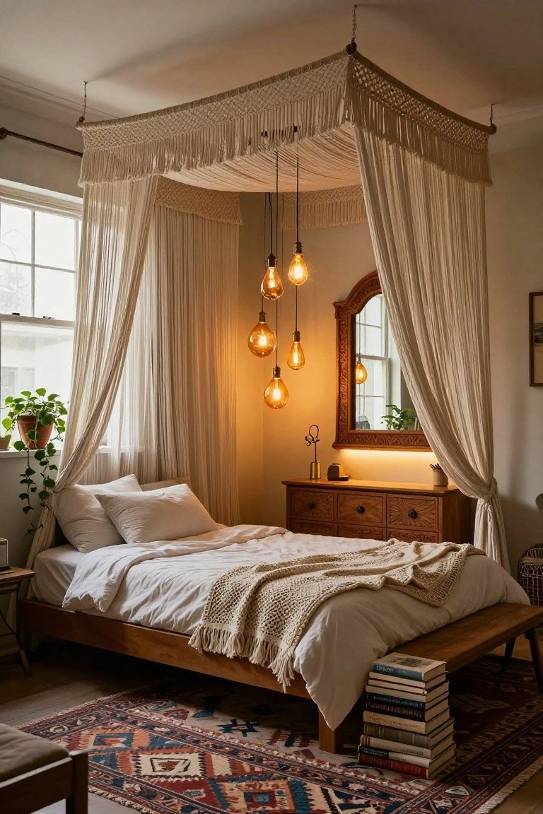 Bedroom interior with a wooden platform bed under a white sheer canopy with macrame trim, illuminated by a cluster of hanging exposed amber pendant bulbs, wooden dresser with mirror, plants, books, and patterned rug on floor.