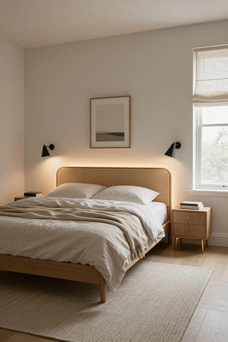 Bedroom interior with rattan headboard lit by warm LED strip from behind, black wall sconces, white linens on bed, wooden nightstand with books, linen window shade, and beige rug on light wood floor.