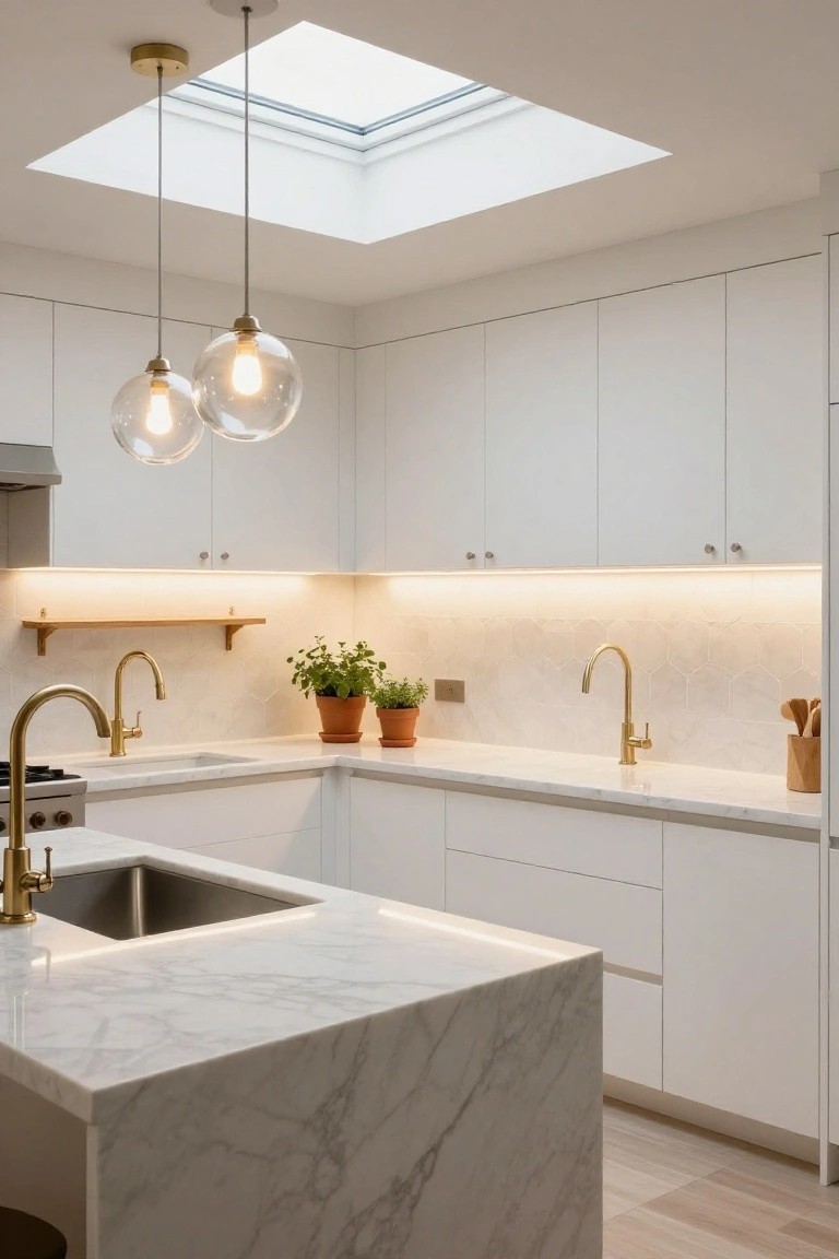 White modern kitchen featuring a marble island countertop, gold faucets and handles, two hanging clear glass globe pendant lights, under-cabinet LED lighting, hexagonal white backsplash tiles, and a skylight overhead.