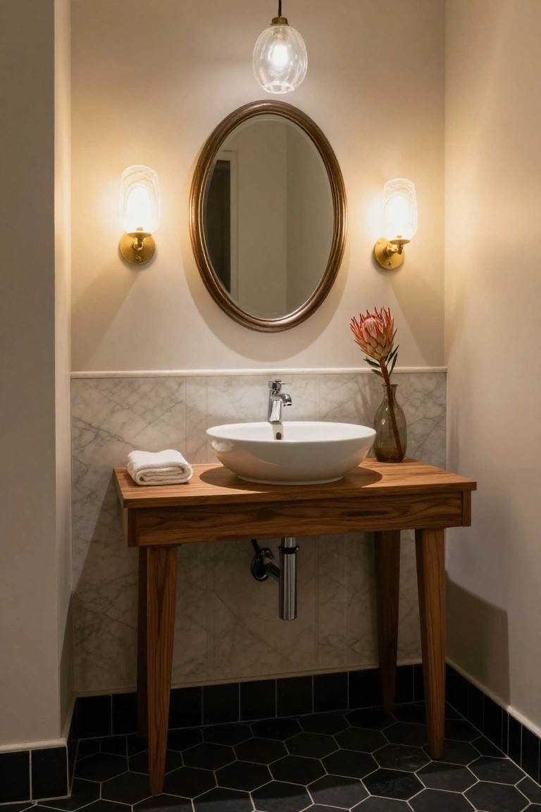 Small powder room with wooden vanity table holding white vessel sink, marble backsplash, round mirror flanked by two glass wall sconces, hanging globe pendant light overhead, and black hexagonal floor tiles.