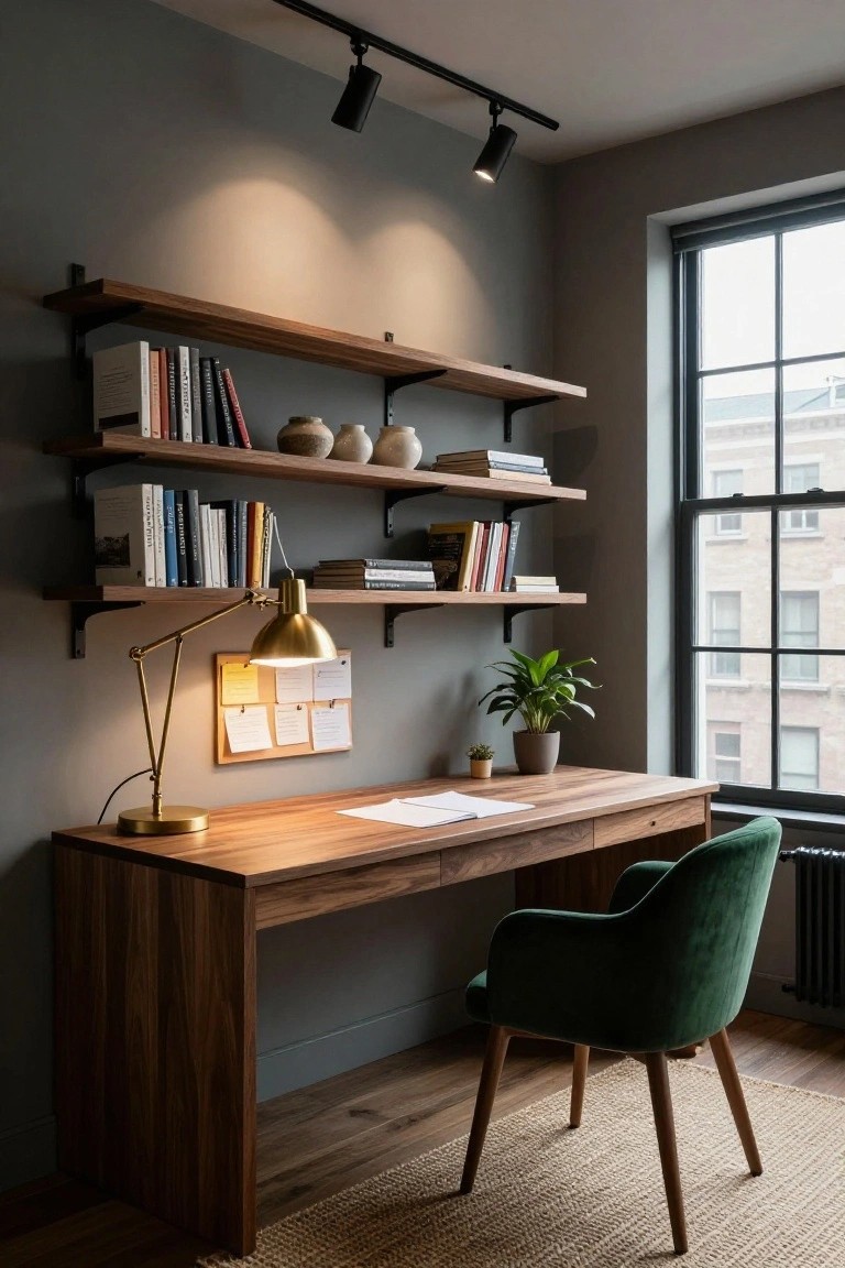 Corner home office with walnut desk and green velvet chair, wooden floating shelves holding books and pottery, brass adjustable desk lamp, ceiling track spotlights, corkboard, plants, gray walls, and large window with black frame overlooking brick buildings.