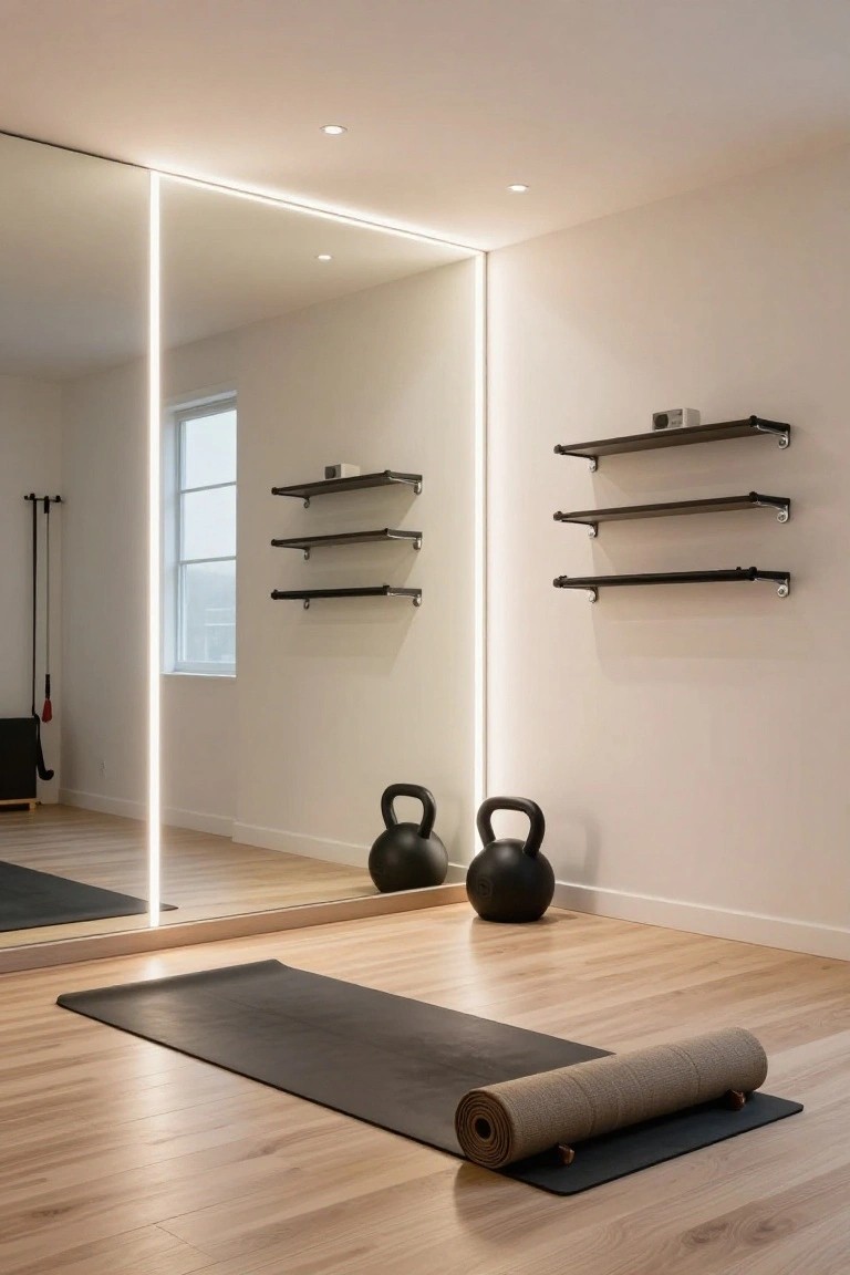 Modern home gym interior with floor-to-ceiling mirror edged in white LED strip lighting, black kettlebells, rolled yoga mats, wall shelves, exercise bars, and light wood flooring.