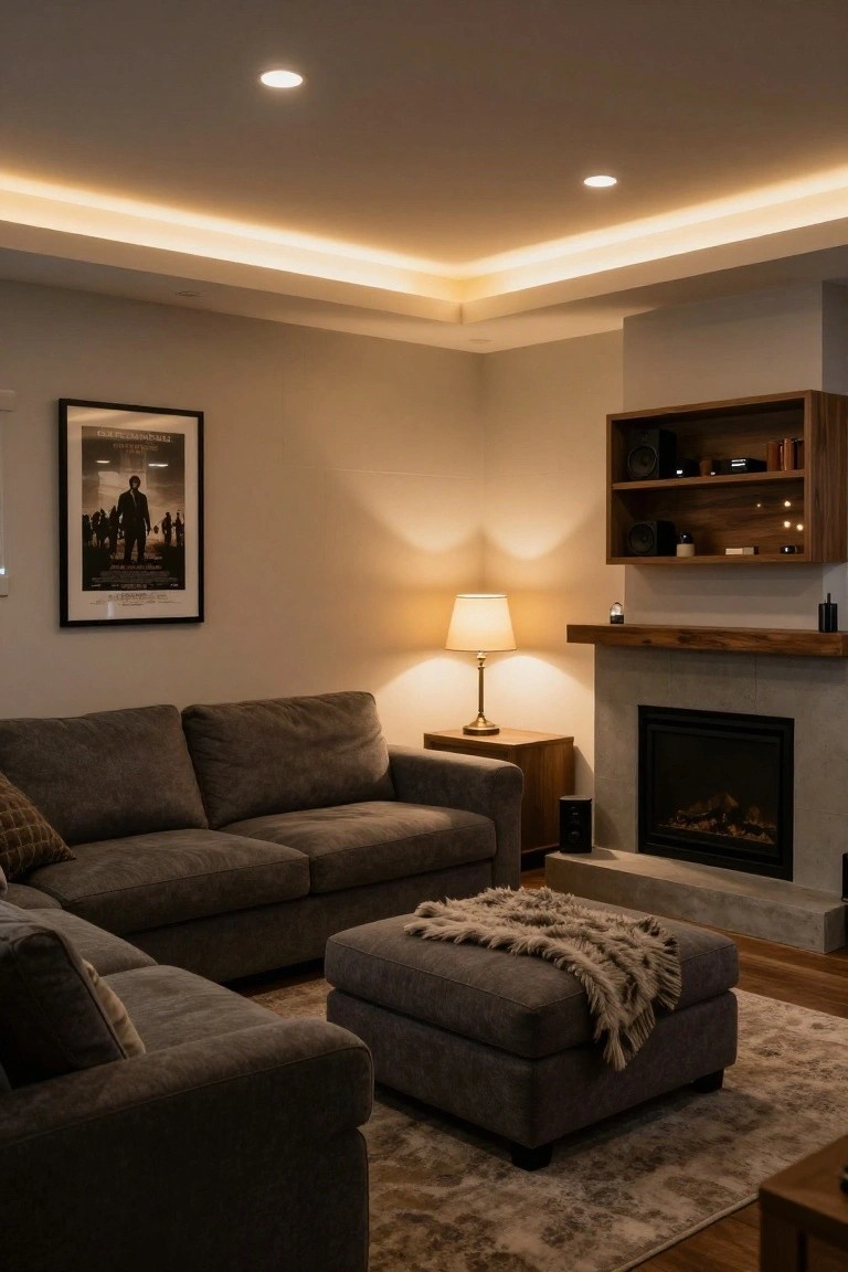 A cozy modern living room corner with gray L-shaped sofa, wooden fireplace mantel, table lamp on side table, floating wood shelves, and warm lighting from recessed ceiling lights and perimeter LED strips.