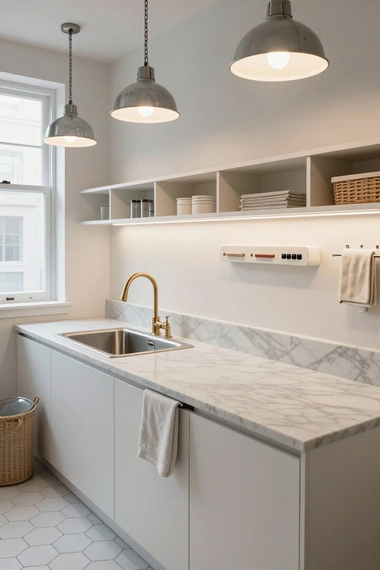 White kitchen utility room featuring three hanging industrial pendant lights over a marble countertop with an undermount sink and gold faucet, flanked by white cabinets and open shelving.