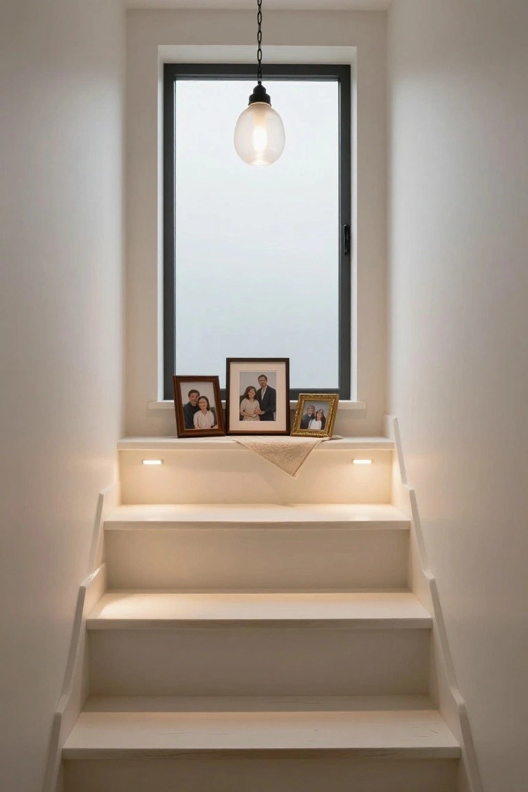 White staircase with a wide wooden shelf holding four framed family photos and a cloth, illuminated by under-shelf LED strips and a hanging frosted globe pendant light above, next to a tall black-framed frosted window.