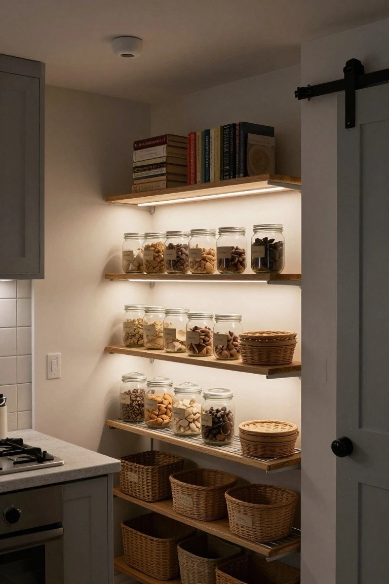 Corner kitchen shelving unit with three wooden shelves lit from underneath by LED strips, displaying labeled glass jars of snacks and woven baskets, adjacent to gray cabinets, a stove, and a sliding barn door.