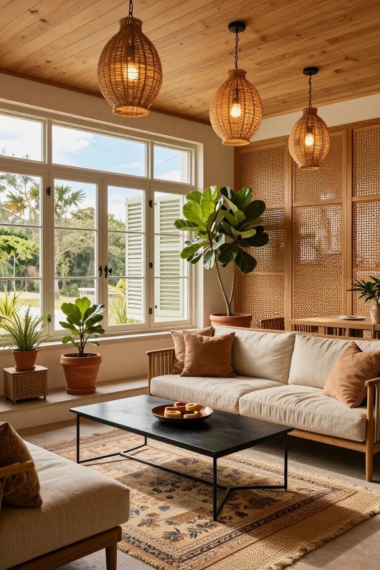 Sunlit living room with three rattan pendant lights hanging from wooden ceiling above beige sofa, black metal coffee table, potted plants, and large louvered windows overlooking palms and greenery.