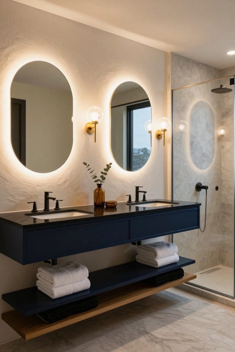 Modern bathroom with two large oval backlit mirrors above a floating navy vanity, black faucets, gold sconces, potted eucalyptus, folded towels, and a glass shower enclosure with rain showerhead.