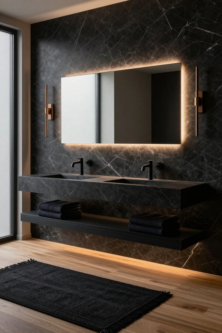 Modern bathroom with floating black marble double vanity, two black faucets, large rectangular backlit mirror flanked by brass wall sconces on dark veined marble wall, folded black towels on shelf below, black rug on light wood floor.
