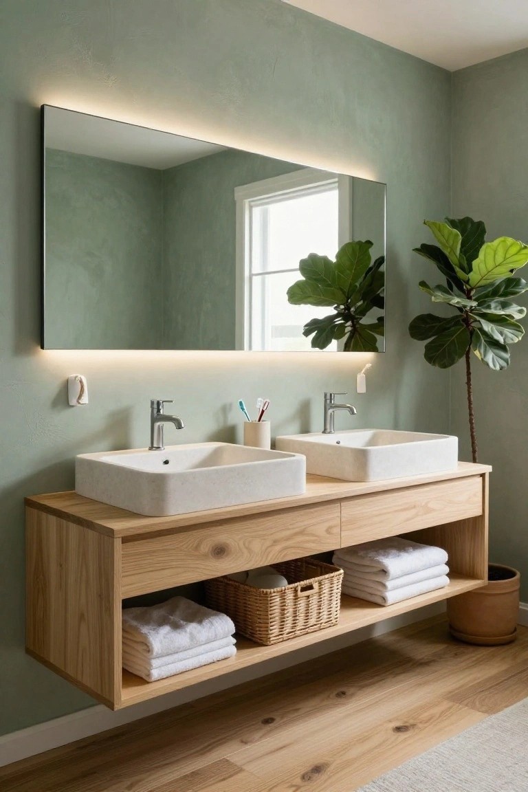 Modern bathroom with sage green textured walls, large rectangular mirror with top LED backlighting above a floating oak double vanity holding two white square sinks, toothbrushes and plant on counter, fiddle leaf fig plant nearby, and oak wood floor.