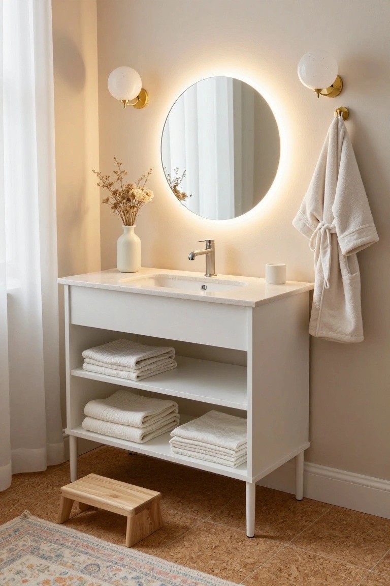 Bathroom vanity setup featuring a large round mirror with LED backlighting flanked by two brass wall sconces with white globe shades, a white sink cabinet stocked with folded towels, a vase of dried flowers, hanging robe, and wooden step stool on cork flooring.