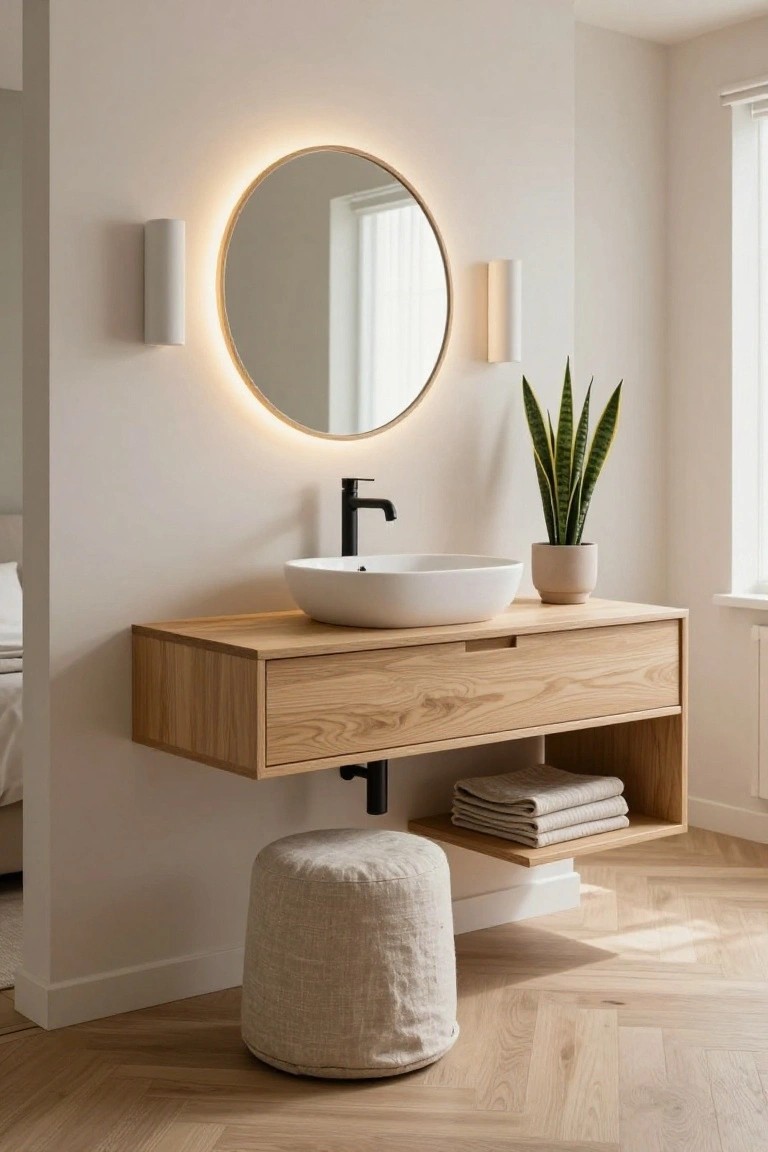 Modern bathroom with floating oak vanity holding a white vessel sink and black faucet, large round mirror with backlit edge flanked by two cylindrical wall sconces, snake plant in terracotta pot, folded towels on open shelf, beige pouf stool, and herringbone oak floor.