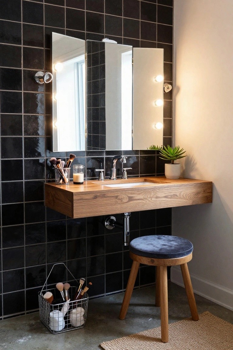Bathroom vanity corner with black glossy tile walls, floating wooden vanity and sink, tri-fold mirror flanked by four round wall-mounted bulb lights, makeup brushes in glass and basket, potted succulent plant, glass candle, and wooden stool with blue velvet seat on a sisal rug.