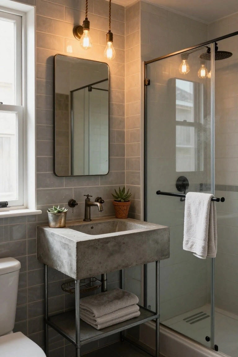 A small bathroom featuring a concrete vessel sink on a black metal stand under two hanging exposed bulb pendant lights on rope cords, with subway-style tile walls, a potted plant on the sink, a glass shower enclosure, and a toilet nearby.