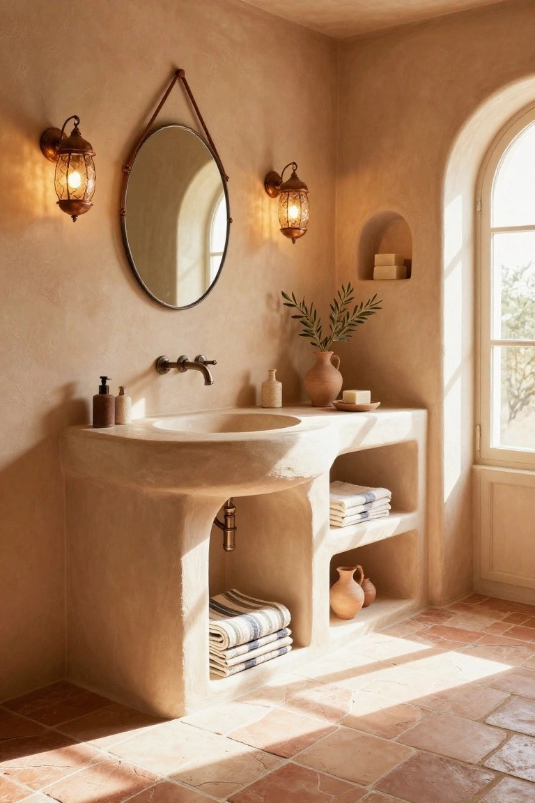 Beige stucco bathroom with curved stone vanity sink under a round leather-framed mirror flanked by two brass lantern wall sconces, olive branch in arched niche, small pottery on shelves, terracotta tile floor, and arched window.