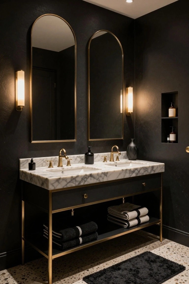 Dark bathroom vanity area with two tall arched gold-framed mirrors flanked by slim vertical gold sconces, white marble double sink on black cabinet with gold legs, black walls, and open towel shelf.