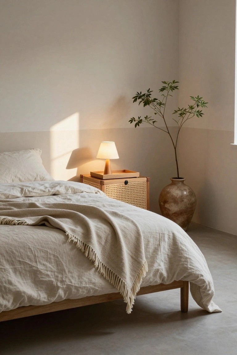 A minimalist bedroom corner featuring a low wooden bed with white linen bedding and throw, a rattan nightstand with a lit conical fabric-shade lamp on a wooden base and wooden tray, a potted tree in a terracotta vase by a window with sunlight streaming in, pale walls, and concrete floor.