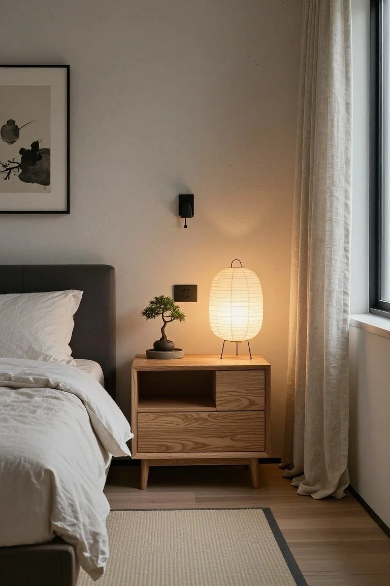 Corner of a bedroom showing a gray upholstered bed with white linens, wooden nightstand with bonsai tree and lit white paper lantern on metal stand, wall-mounted light fixture, ink painting on wall, and window with beige linen curtains.