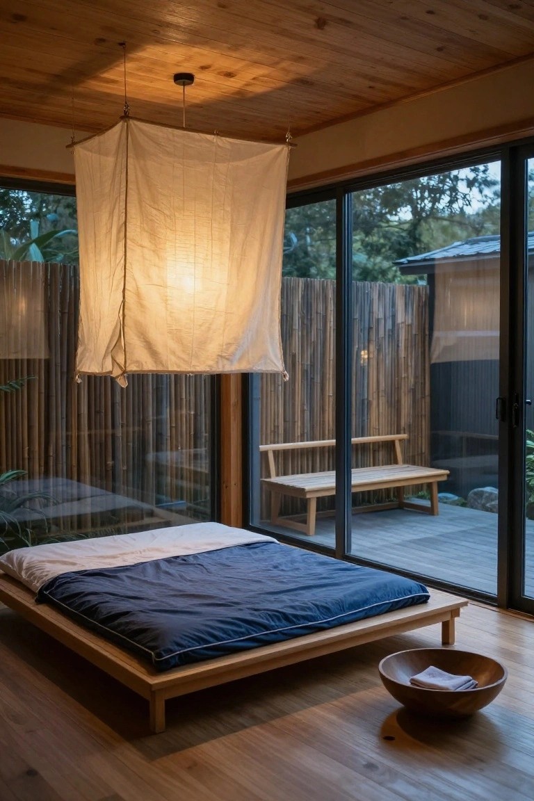 Japanese bedroom with low wooden bed, glowing fabric lantern, and bamboo garden view.