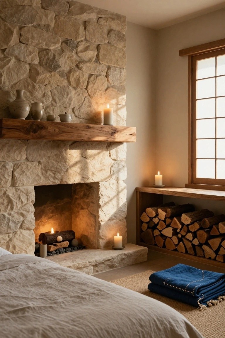 Bedroom corner with beige stone fireplace containing burning logs and candles, wooden mantel topped with pottery and more candles, white bed with folded blue blankets, wooden window, and firewood rack.