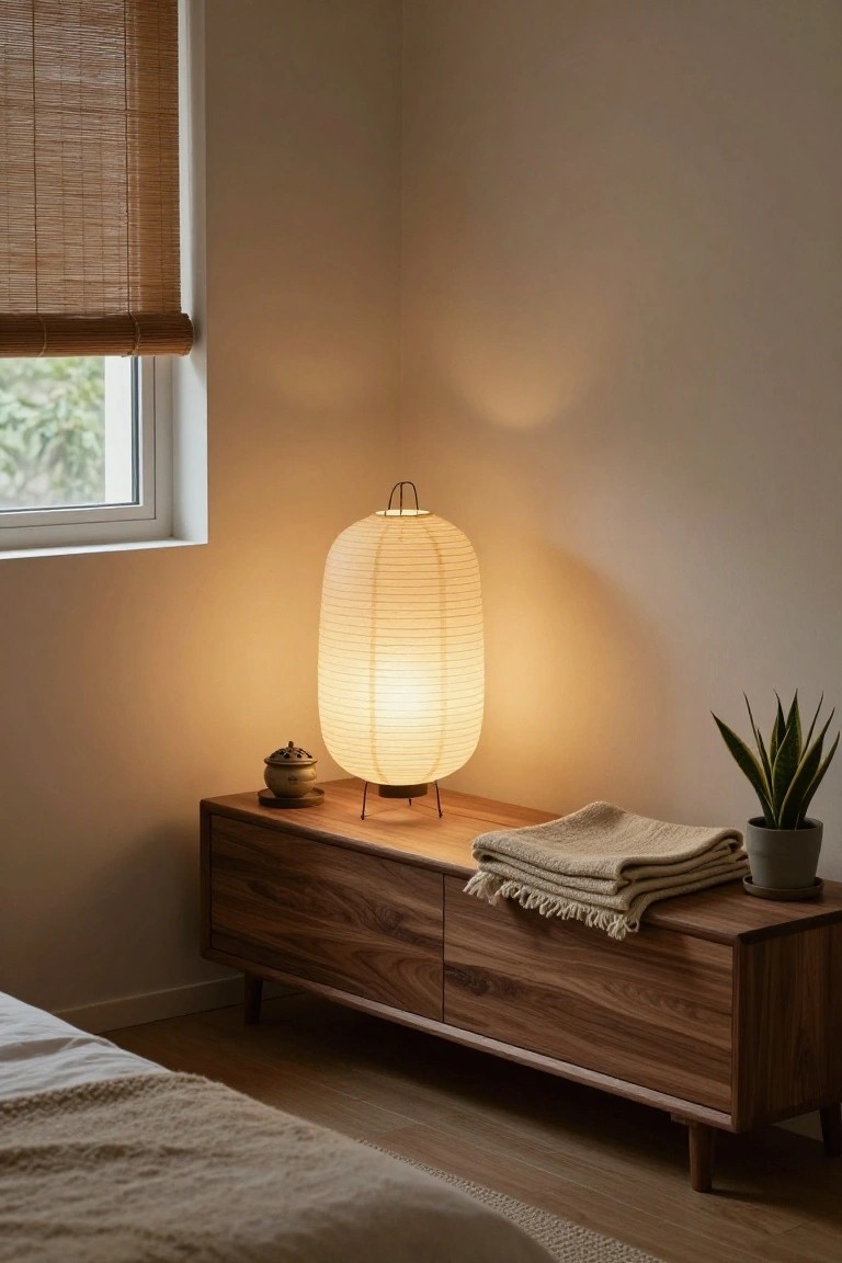 Bedroom corner with tall cylindrical white paper lantern floor lamp on low walnut console table holding folded beige blankets and gray plant pot with snake plant, small ceramic incense holder, bamboo window blinds, and bed edge in background.