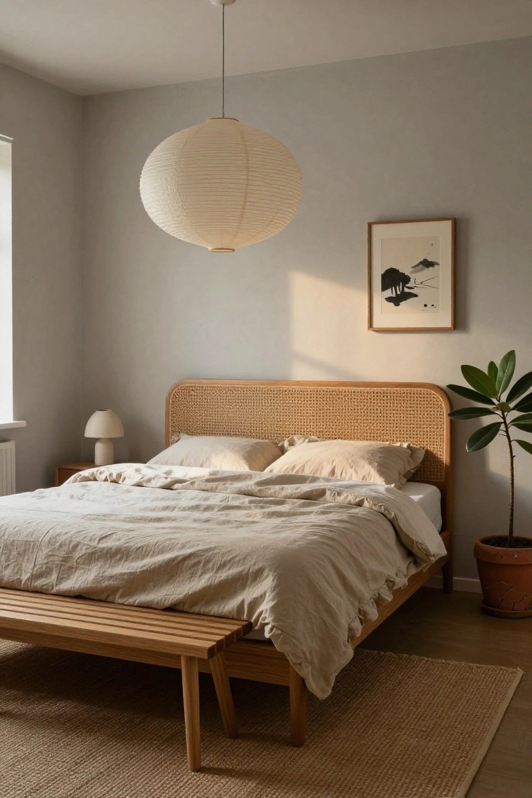 Bedroom with rattan headboard bed draped in beige linens, large white paper lantern pendant light overhead, cream mushroom lamp on wooden nightstand, potted plant in terracotta pot, wooden bench at bed foot, beige rug on light wood floor, gray walls, and framed artwork.