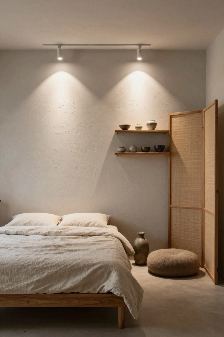 A minimalist bedroom with a low wooden platform bed covered in white linens, track lighting with two spotlights on a ceiling rail casting beams downward, floating shelves holding pottery on a textured beige wall, a folding bamboo screen, a tall ceramic vase, and a round beige pouf on a concrete floor.