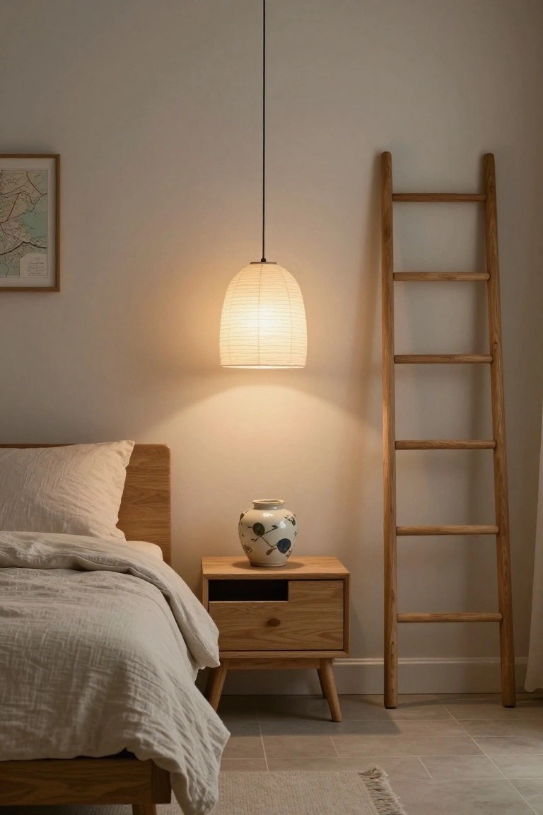 Bedroom corner featuring a wooden bed with white linens, oak nightstand with blue and white vase, hanging white paper lantern pendant light, leaning wooden ladder against beige wall, framed map artwork, and tiled floor with rug.
