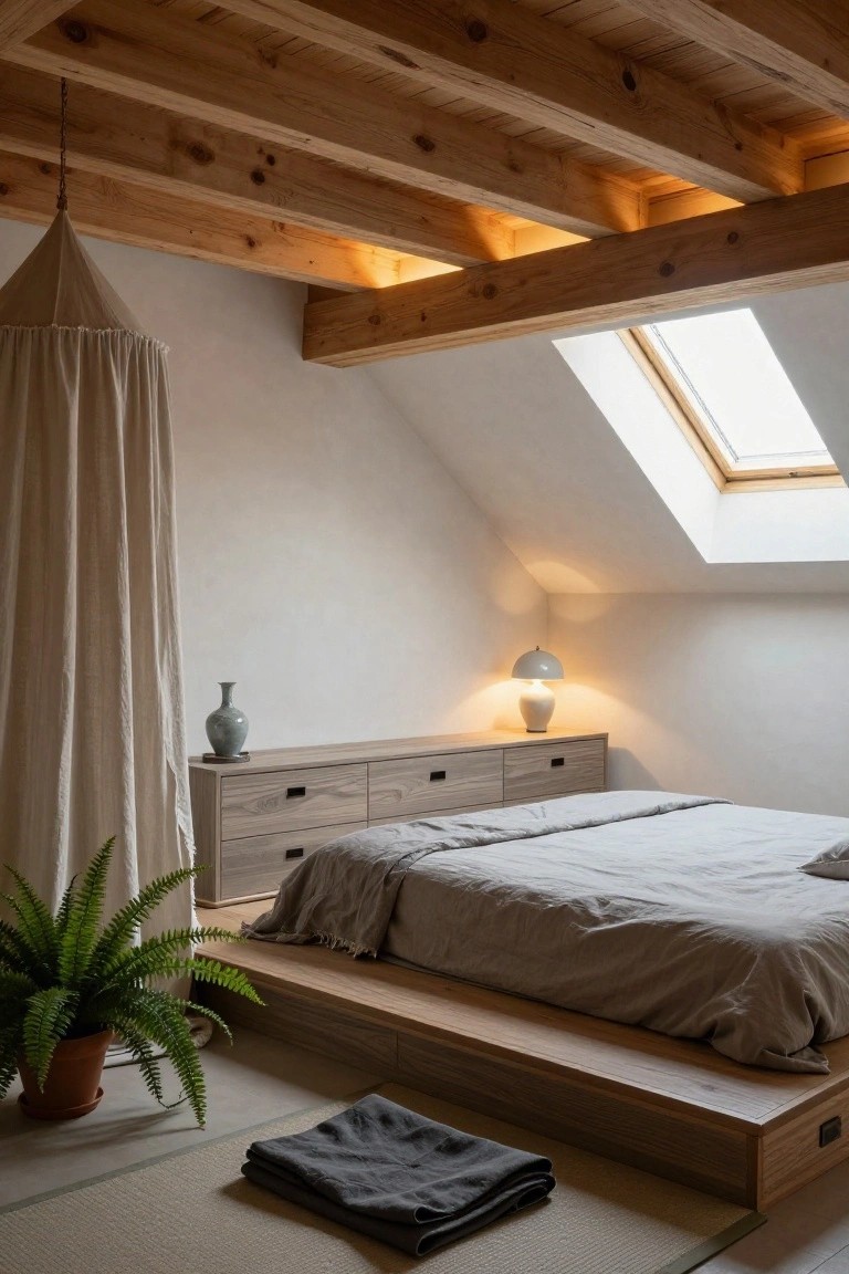 Attic bedroom with sloped white walls, exposed wooden ceiling beams lit by warm integrated lighting, skylight, platform bed with gray linens, low wooden dresser holding a ceramic lamp and vase, potted fern plant, beige fabric canopy, and tatami mat on floor.