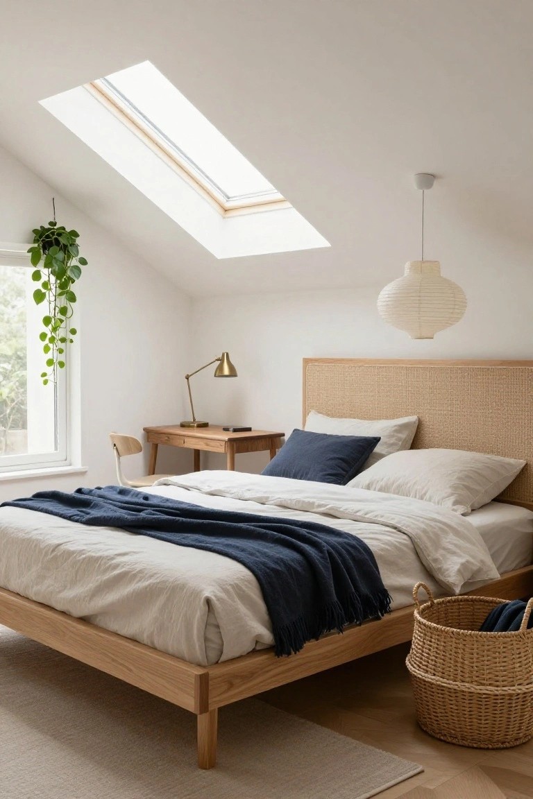 Bedroom with oak platform bed, rattan-upholstered headboard, white linens, navy throw blanket, small wooden desk with brass desk lamp, white paper lantern pendant light, skylight in sloped ceiling, hanging potted plant, and window.