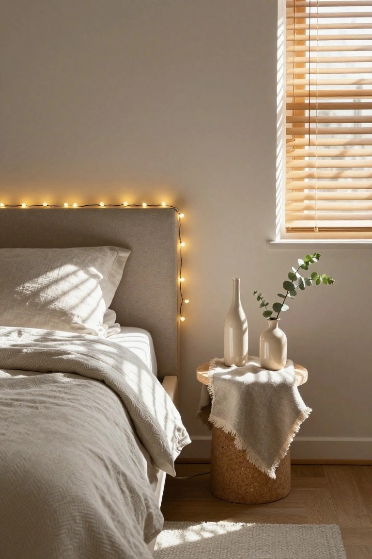 A light gray upholstered headboard with warm string lights along the top, white pillows and duvet on the bed, cork pedestal table beside it holding two white vases with one containing eucalyptus branches, wooden blinds on window allowing sunlight in, neutral walls and wood floor.