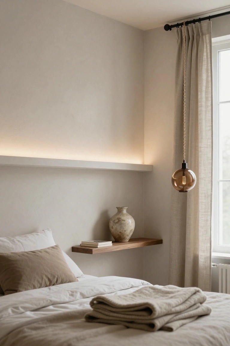 Bedroom corner showing a white floating shelf with warm LED strip light underneath, wooden shelf with book and ceramic vase above a bed with beige pillows and white linens, amber glass pendant lamp hanging nearby, linen curtains on window.