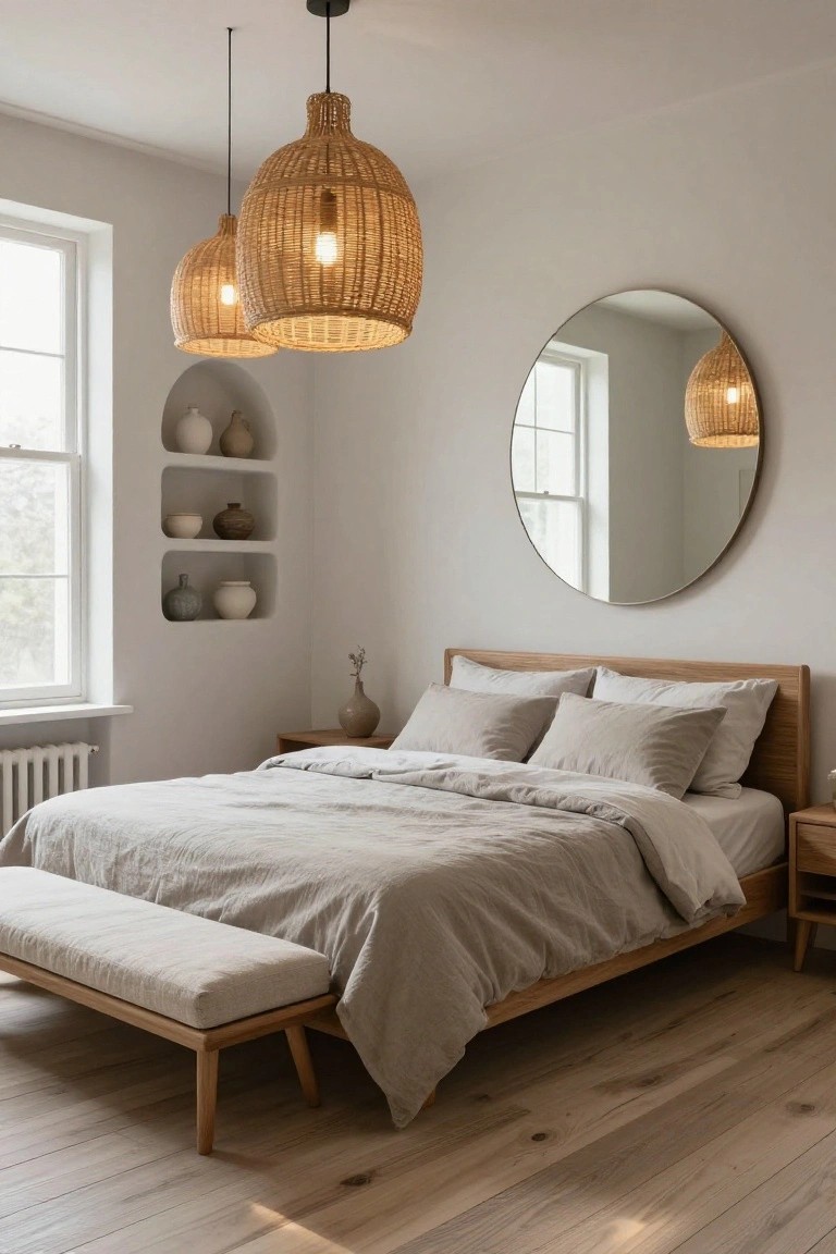 Bedroom with light oak platform bed draped in gray linens, three hanging woven rattan pendant lights above it, large round mirror on wall, recessed shelves with pottery, and light wood floors.