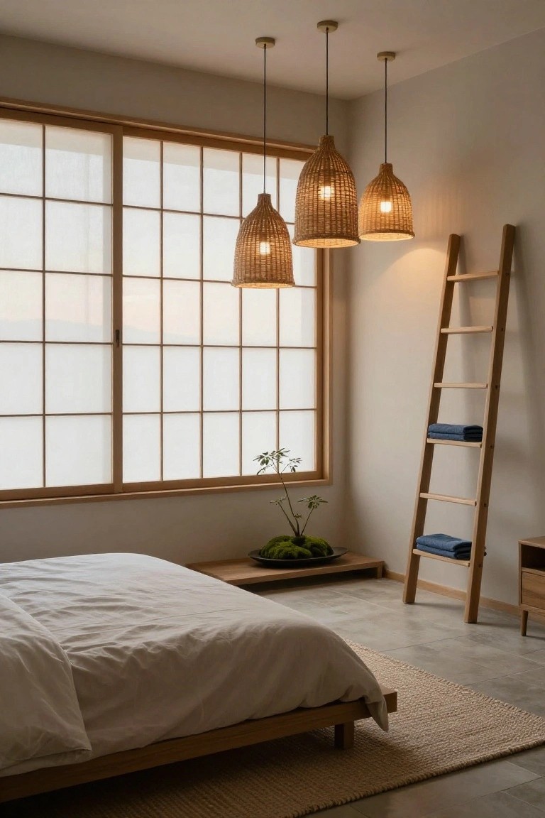 Japandi bedroom interior featuring three hanging rattan pendant lights over a low wooden platform bed, shoji screen windows, wooden ladder shelf with blue towels, potted moss plant, and light wood floors.