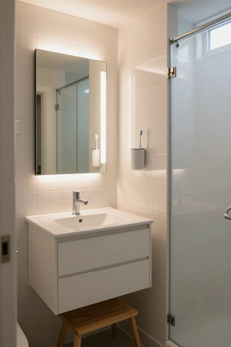 A compact white bathroom featuring a frameless mirror with integrated LED backlighting, a white wall-mounted vanity, frosted glass shower enclosure, and a wooden step stool on tiled flooring.