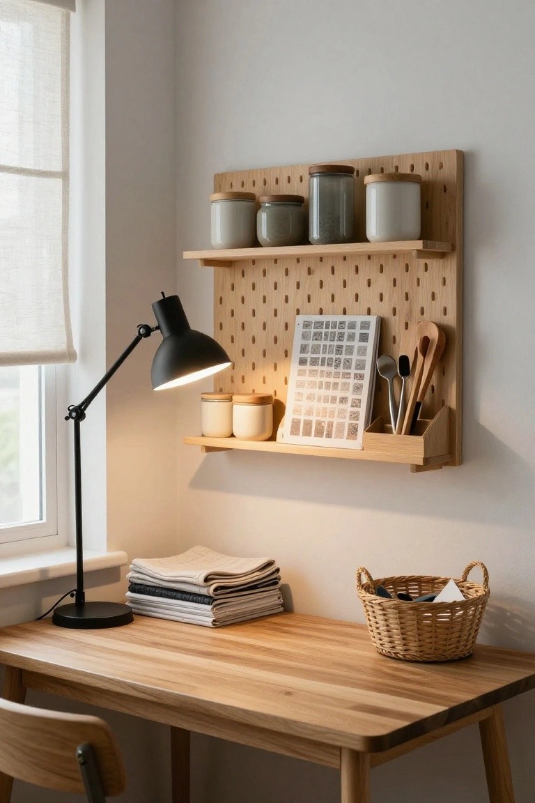 Wooden desk in a bright room corner with black adjustable desk lamp, stacked newspapers, wicker basket, and wall-mounted pegboard shelf holding ceramic jars, wooden utensils, and a calendar book.