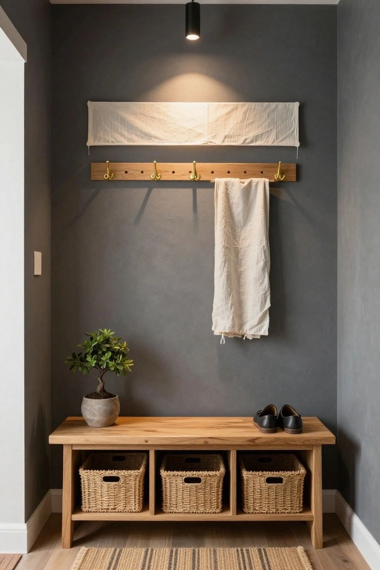 Gray entryway with wooden coat hooks holding a white towel, a draped white fabric shelf above, wooden bench with wicker baskets underneath and black shoes on top, potted plant beside the bench, black ceiling spotlight, and seagrass rug on wood floor.