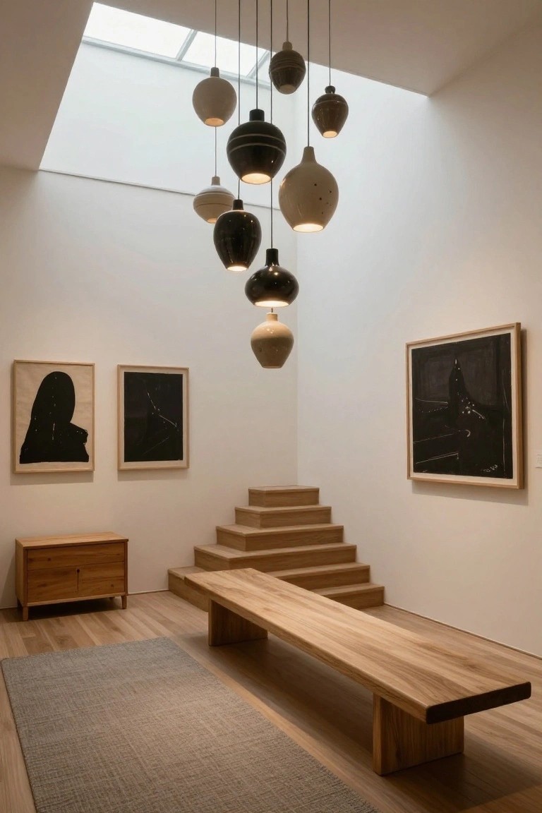 Modern minimalist gallery with hanging ceramic lights and wooden staircase.