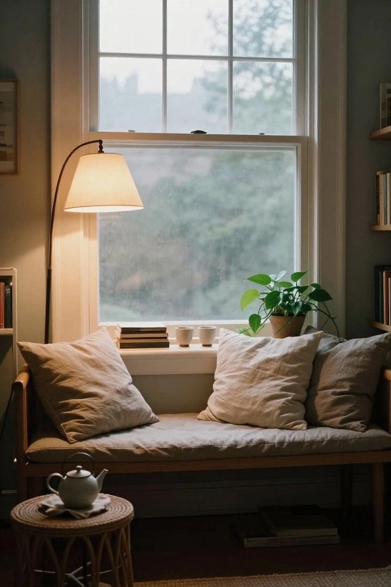 Arched floor lamp with white shade next to a wooden bench seat with beige linen pillows under a large window, with books, teacups, teapot on rattan table, potted plant, and bookshelves in a cozy room.