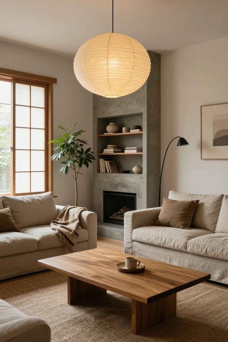 A Japandi-style living room featuring two beige linen sofas around a wooden coffee table, a concrete fireplace with built-in shelves, a tall potted plant near wooden-framed windows, an arc floor lamp, and a large white paper lantern pendant light hanging centrally.