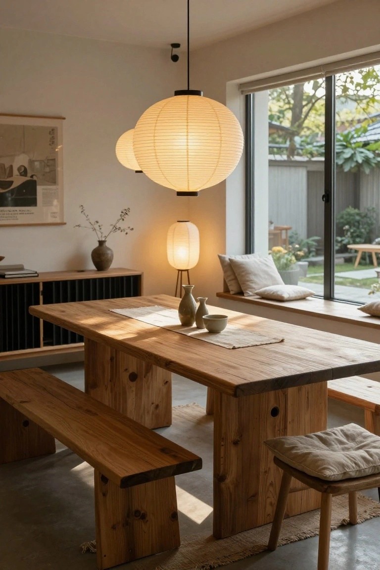 Indoor dining room with wooden table and benches, black cabinets, potted plants, and multiple hanging white paper lanterns over the table, plus table lamps, next to large windows overlooking a garden.