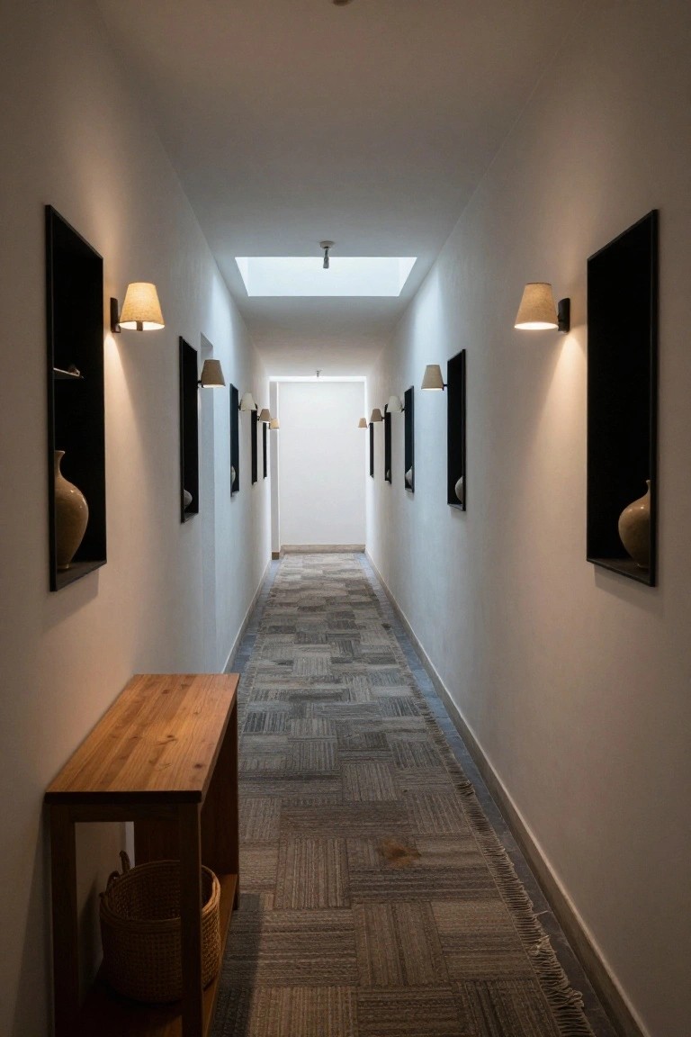 Long white interior hallway with black-framed wall niches holding ceramic vases, multiple beige fabric-shaded wall sconces, skylight overhead, wooden bench with woven basket nearby, and gray patterned carpet runner.