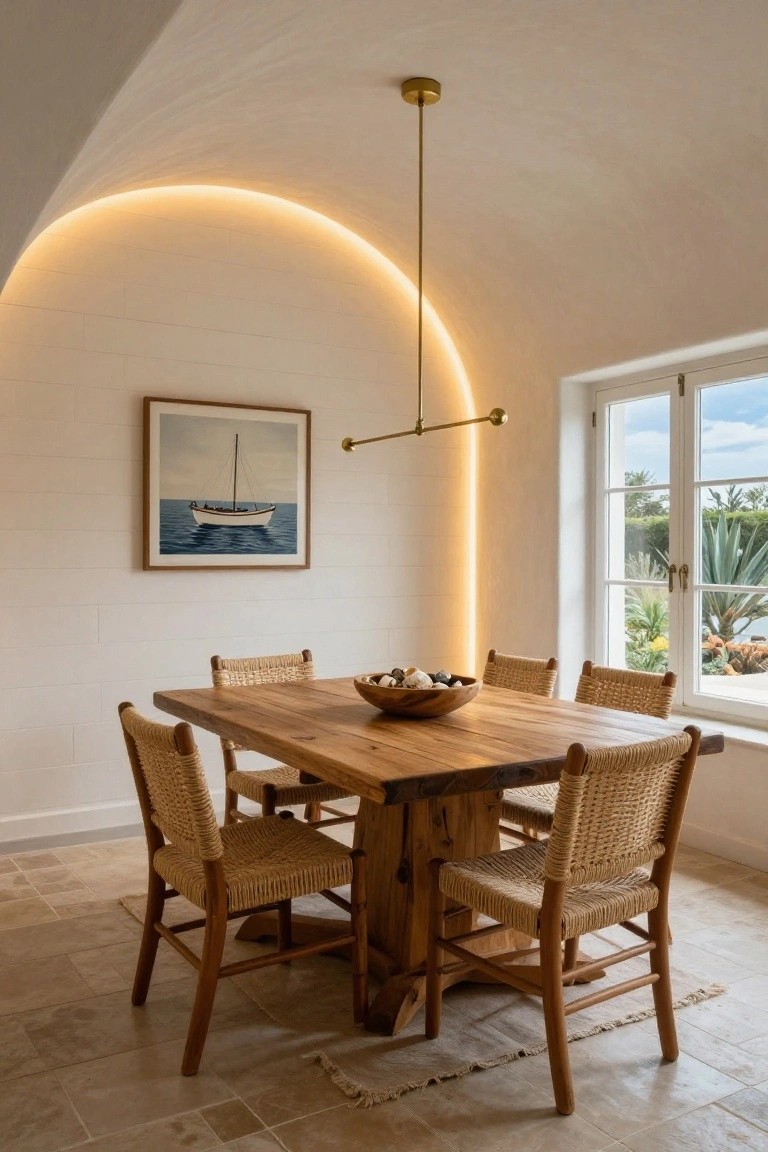 Dining area featuring a vaulted white ceiling with curved warm LED strip lighting, wooden rectangular table holding a bowl of shells, rattan chairs, gold arched pendant lamp, framed boat painting on wall, and large window to outdoor plants.