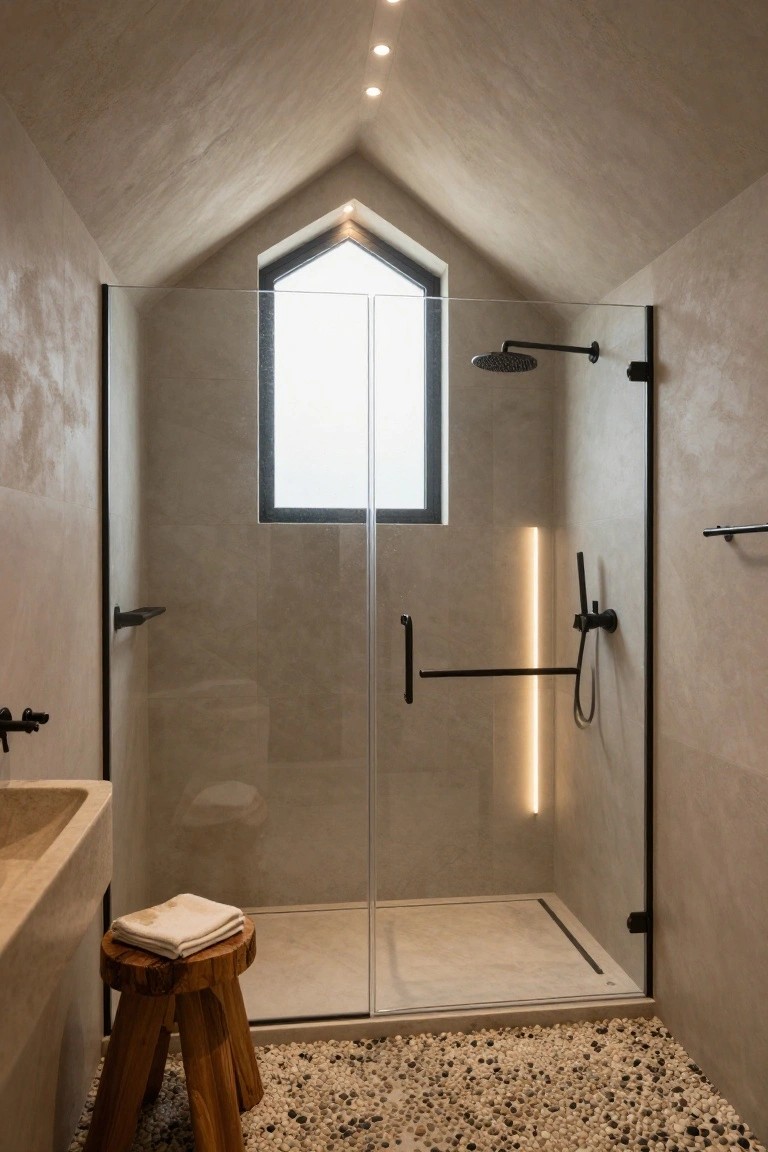 Bathroom with vaulted beige textured ceiling lit by recessed spotlights, black-framed glass shower enclosure with rain showerhead, wall-mounted stone sink, wooden stool with towels, and pebble floor.