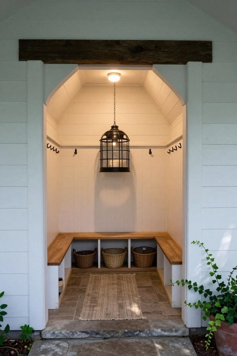 White shiplap-walled mudroom nook with vaulted arched ceiling, hanging black cage lantern light, wooden benches with cubbies holding woven baskets, coat hooks on walls, seagrass rug on tile floor, and ivy plants outside the entry.